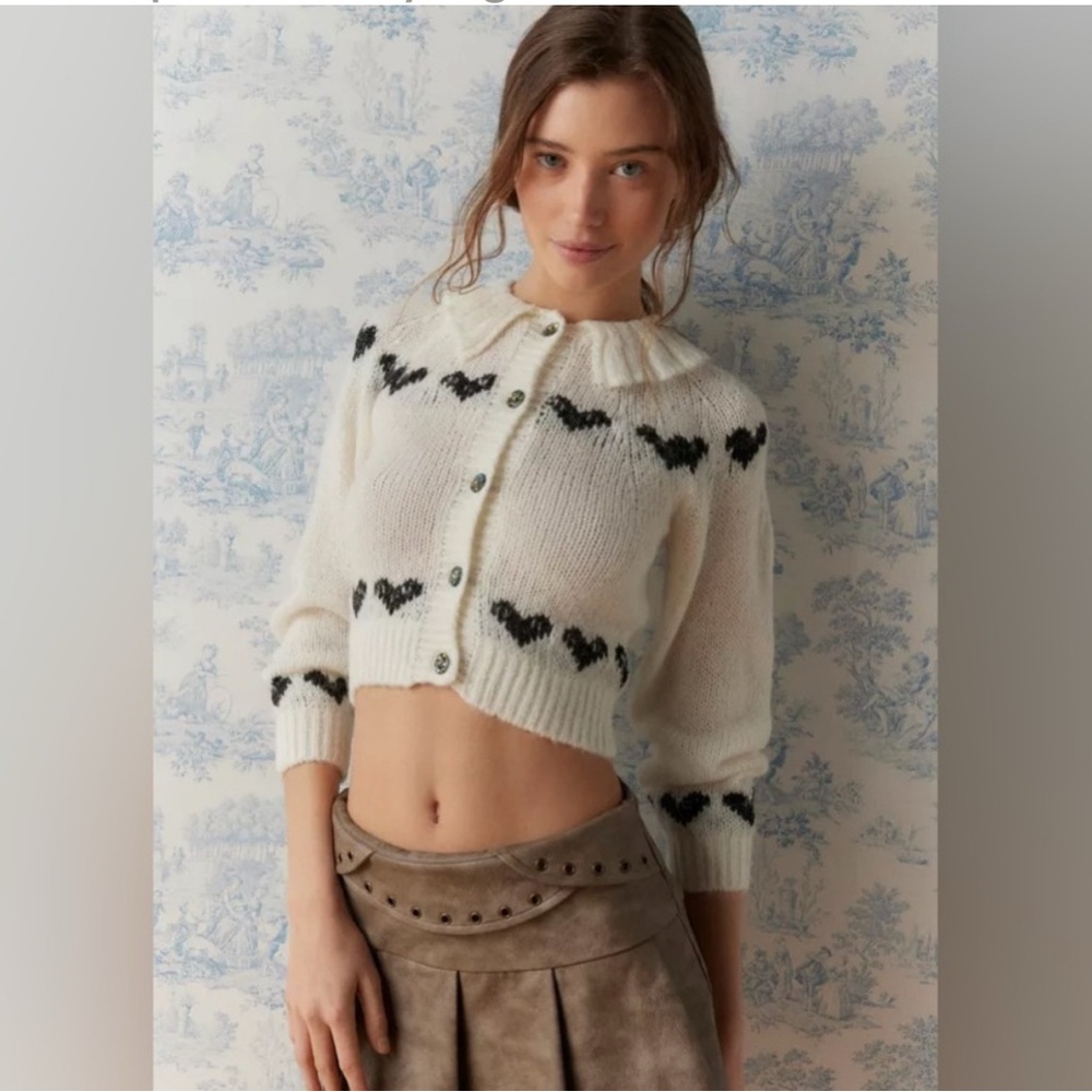 Kimchi Blue White and Black Cardigan with Bird Pattern